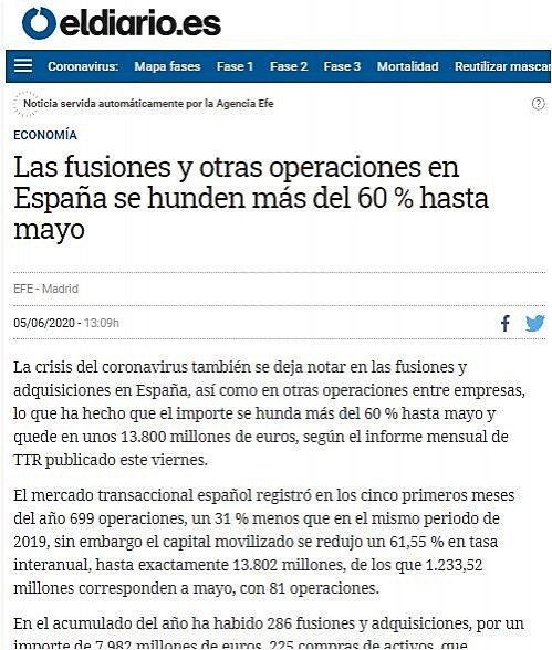 Las fusiones y otras operaciones en Espaa se hunden ms del 60 % hasta mayo